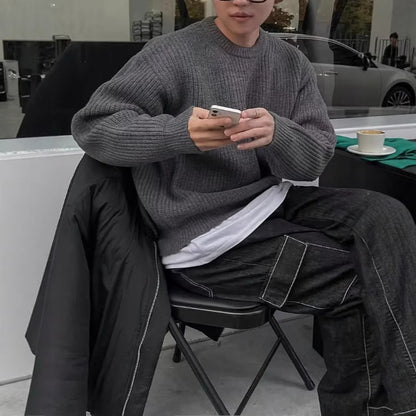 Men's Long Sleeve Casual British Round Neck Pullover Knitted Sweater