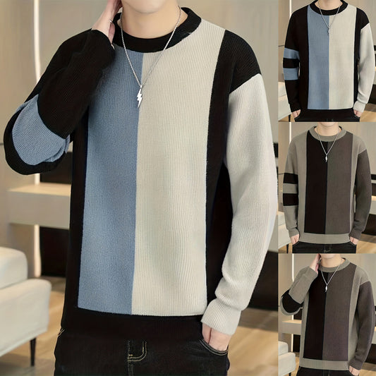 Contrast Color Fashion All-match College Style Round Neck Pullover Men's Sweater