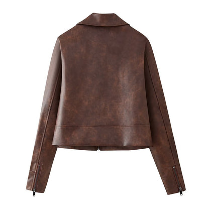 Women's Retro Lapels Long-sleeved Zipper Leather Jacket Skirt
