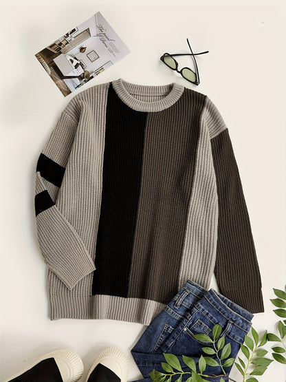 Contrast Color Fashion All-match College Style Round Neck Pullover Men's Sweater