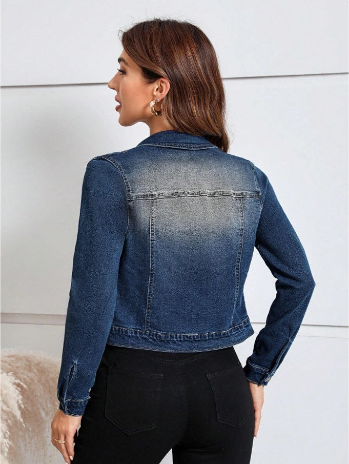 Women's Casual Distressed Cropped Denim Jacket
